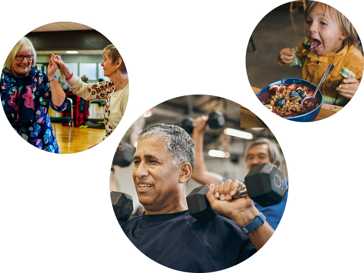 people doing exercise and eating healthy food