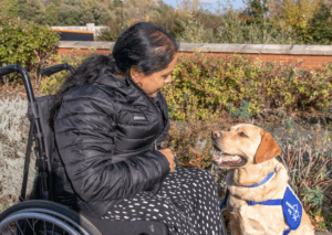 A yellow support dog and their human outside in a garden.