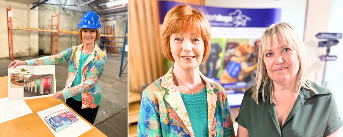 2 photos in a montage. A woman wears a hard hat and looks at some building plans. Two woman stand in front of an exhibition pop up.