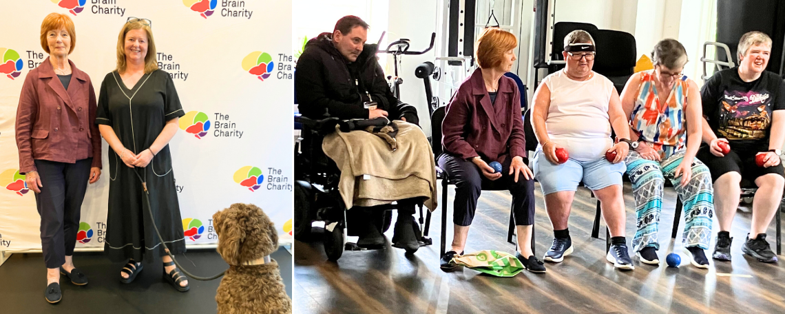A montage showing a visit to The Brain Charity. 2 women stand in front of a Brain Charity logo wall with a dog. A group of 5 people play indoor seated boule.