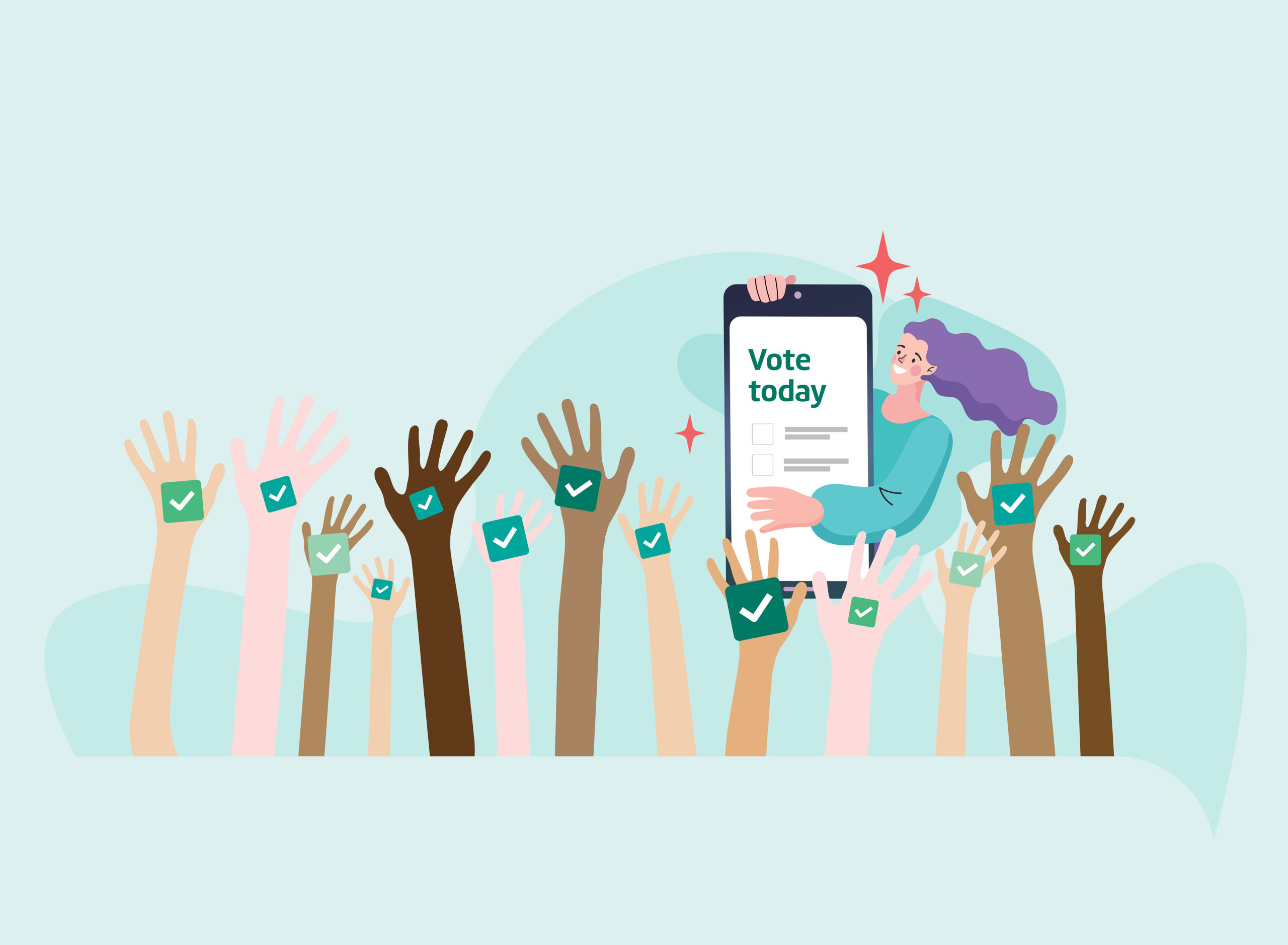 Cartoon hands in the air and a graphic of a woman with a mobile phone.