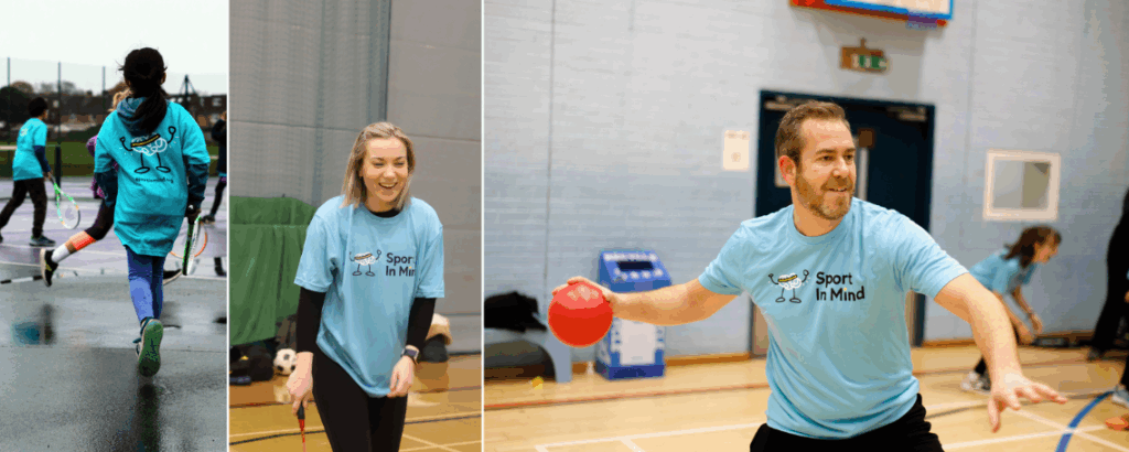 A montage of 3 images. Children play outside on a yard. A lady plays in sports hall with a racket. A man plays in a sports hall with a racket.